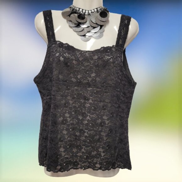 Tops - Black Lace Tank Top Lace Camisole Wide Straps Lace Top - Size L  Size XXL